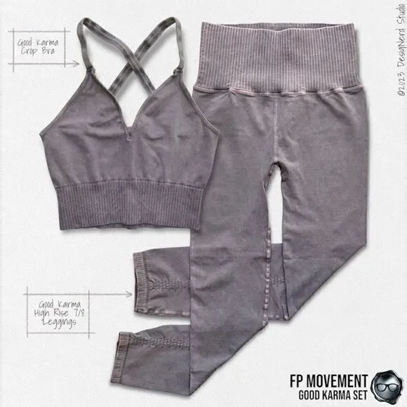 FP MOVEMENT GOOD KARMA SET: CROP TANK BRA + HIGH RISE LEGGINGS IN GREY PURPLE - Picture 3 of 16